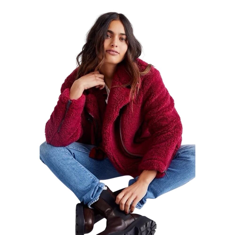 Free People We The Free So Cozy Slouch Moto Jacket Burgundy Oversized S